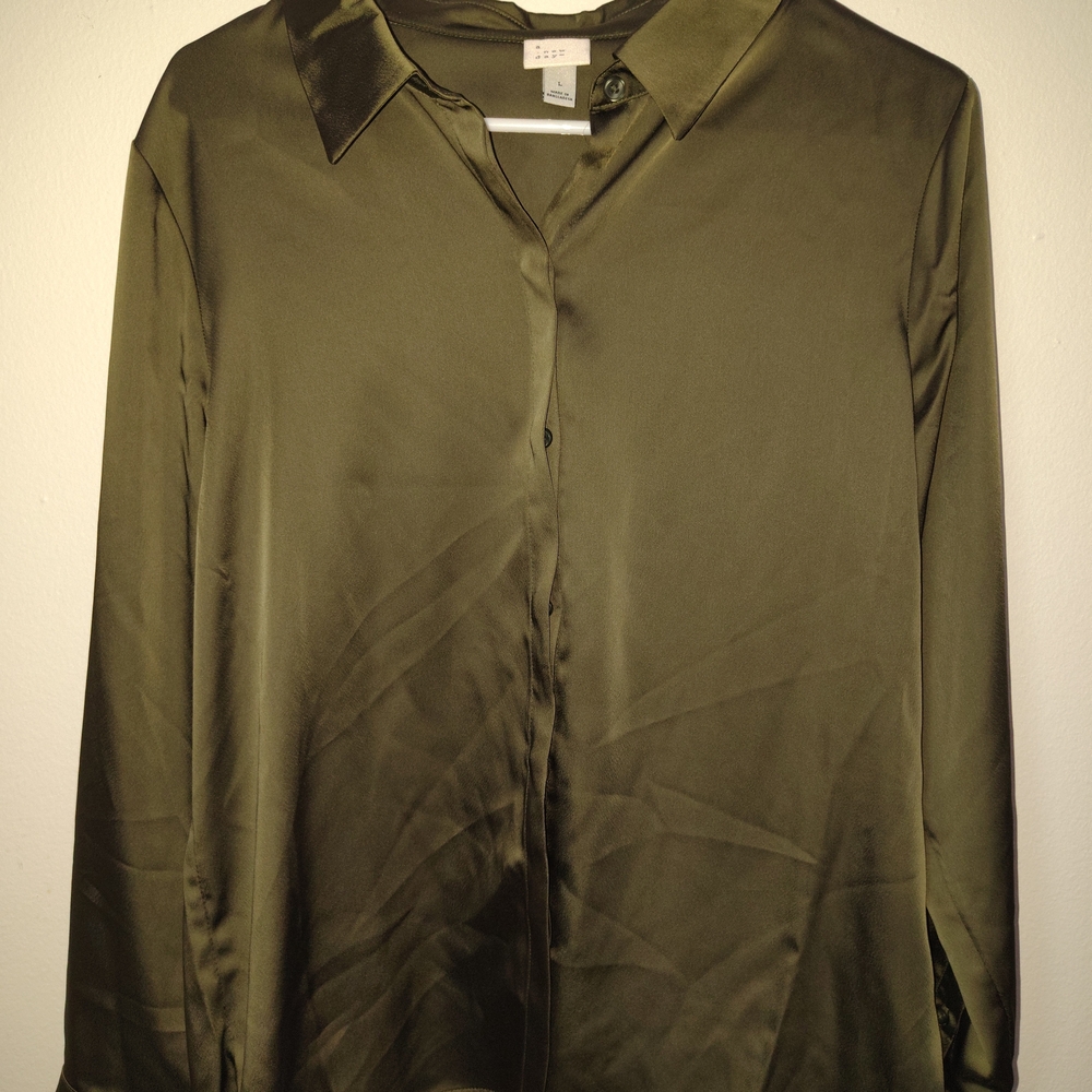 Olive Green Satin Button-Up Shirt